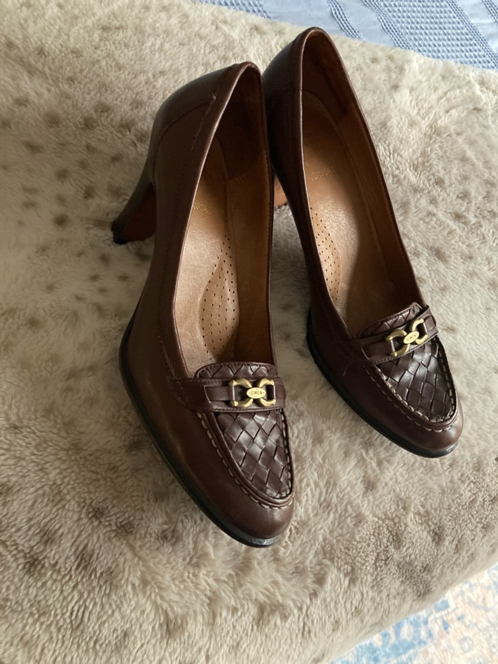 Circa Joan & David Brown Leather Heeled Loafers with Gold Accent
